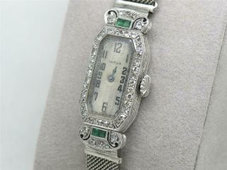 Exquisite Art Deco Platinum,  Diamond & Emerald Ladies Wrist Watch,  Running