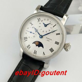42mm Parnis White Dial Moon Phase Gmt Hand Winding Movement Mens Watch 54