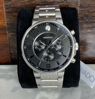 Movado SE Pilot Silver Tone Black Dial Chronograph Swiss Made Watch 0606759 Date 2