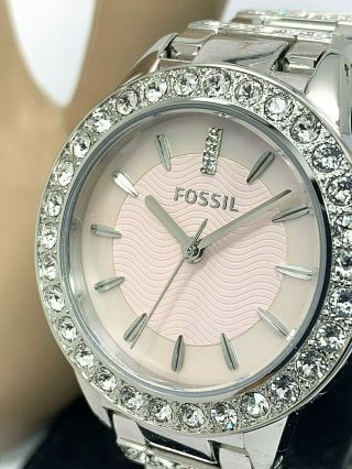 Fossil Es2189 Jesse Pink Dial Glitz Silver Tone Stainless Steel Women 