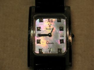 Vintage 14kt White Gold Watch W/ Mother Of Pearl Face & 8 Diamonds