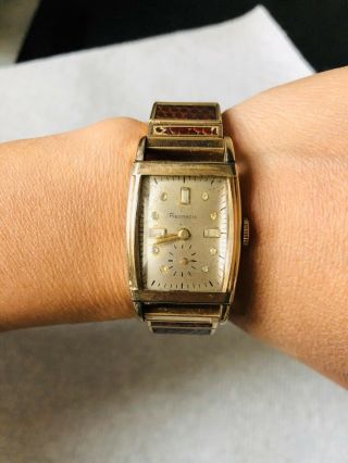 Vtg Antique Men Harman Hand Wind 10k Gold Filled Case Rectangular Wrist Watch
