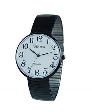 Geneva 37 Mm Large Number Easy Read Dial Japanese Movt Black Stretch Watch
