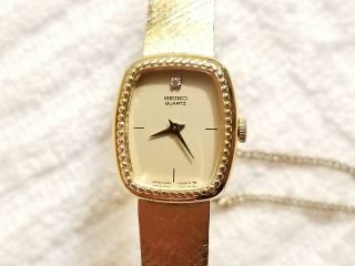 Vintage Seiko Gold Tone Quartz Diamond Dial Watch Two Jewels Mesh Bracelet