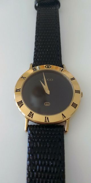 GUCCI 3000M Gold Plated Watch Black Strap and Vintage 8