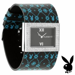 Rare Playboy Watch Bunny Logo Ladies Black Leather Stainless Steel Crystal F