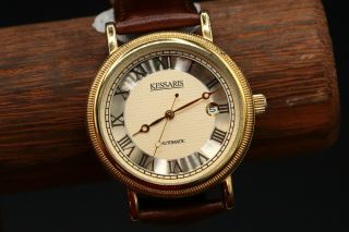 Kessaris Mens Automatic Wrist Watch Skeleton Back 12255 Gold Plated Calendar