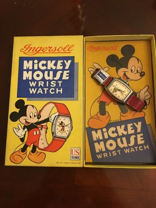 Vintage Ingersoll Mickey Mouse Watch W/original Factory Box & Band Read