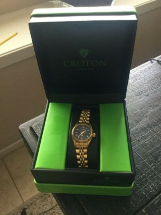 Croton 23k Gold Plate & Stainless Ladies Diamond Quartz Watch Collectible W/ Box