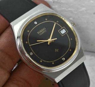 Rado Vintage Swiss Made Quartz Date Classic Designer Black Dial Steel Mens Watch