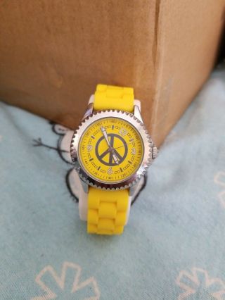 Lucky Brand Watch/peace Sign Face/silver Tone Hardware/yellow Silicone Band