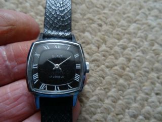 Vintage Slava 17 Jewels Ladies Black Face Wrist Watch,  Made In Ussr.