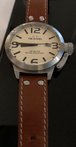 TW Steel Men ' s Canteen 50mm (large) Stainless Steel Off - White Dial Leather Watch 3