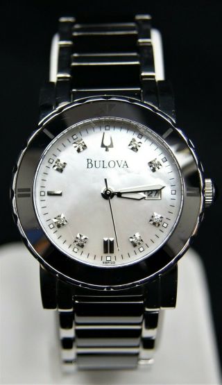 Ladies Bulova C837508 Mop Diamond Dial Stainless Quartz Watch B0817