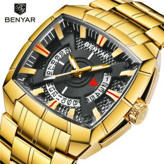 Benyar Date Quartz Watch Square Face Unique Analog Wristwatch Folding Clasp