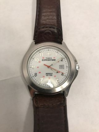 Timex Expedition Indiglo Watch,  Cr 2016,  Wr 50 Meters,  Leather Band,  Good