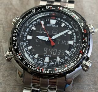 Men’s Seiko 45mm World Timer Flight Master Stainless Wrist Watch Model H023 - 00g0