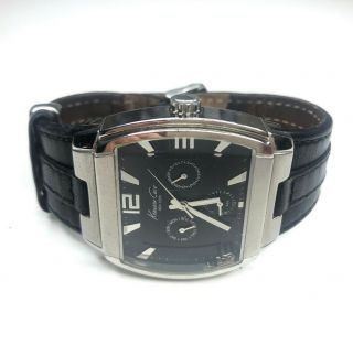 E Kenneth Cole Black Leather Silver Watch Needs Battery Day/date Japan