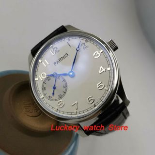 44mm Parnis White Dial Blue Hands 6497 Hand Winding Movement Men 