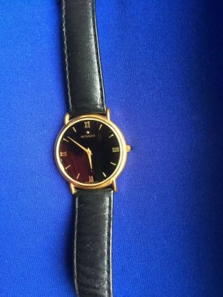 MOVADO GOLD TONE 87 - 66 - 885 LEATHER BAND BLACK DIAL STAINLESS STEEL QUARTZ MEN ' S 2
