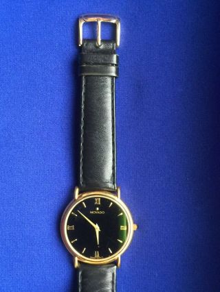MOVADO GOLD TONE 87 - 66 - 885 LEATHER BAND BLACK DIAL STAINLESS STEEL QUARTZ MEN ' S 3