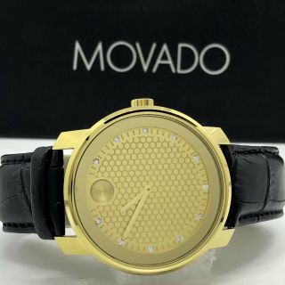 Movado Bold $995 Diamond Dial Yellow Gold Tone Leather Men 