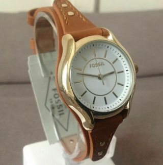 Fossil Ladies Gold Tone Stainless Steel Dark Brown Leather Band Watch Bq3067