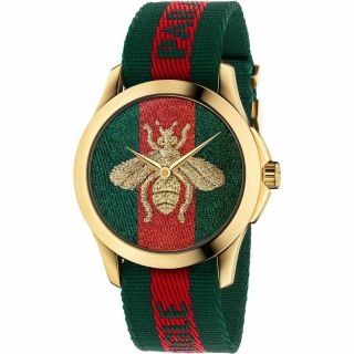✅ Gucci Ya126487 Swiss Le Marche Des Merveilles Green & Red Striped Nylon Watch