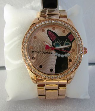 Betsey Johnson Rose Gold Cat Crystal Bracelet Watch Bj00048 - 133 Nwt