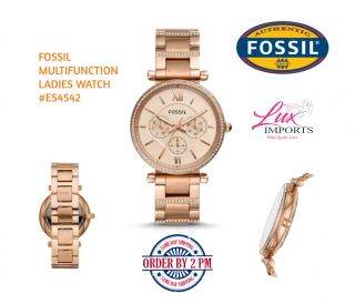 Fossil Womens Es4542 Carlie Multifunction Rose Gold Crystal Dial Stainless Steel