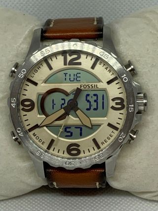Fossil Jr1506 Nate Men Brown Leather Beige Analog - Digital Dial Quartz Watch C724