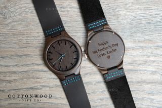 Mens Personalized Wooden Watch Leather Band,  Fathers Day Gift,  Mens Wood Watch