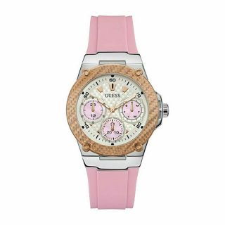 Authentic Guess Womens Silver - Tone Pink Strap Chronograph Watch U1094l4