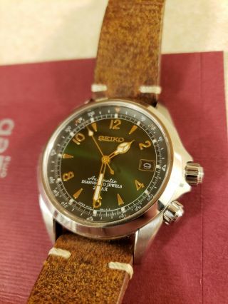 Seiko Alpinist Green Sarb017 With Colareb Brown " Rust " Leather Strap