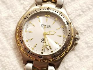 Vintage Fossil Two Tone Silver Luminous Dial Watch Rotating Bezel