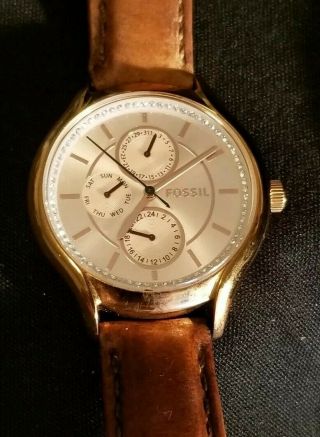 Fossil Rose Gold Dial Tan Leather Strap Multifunction Women 