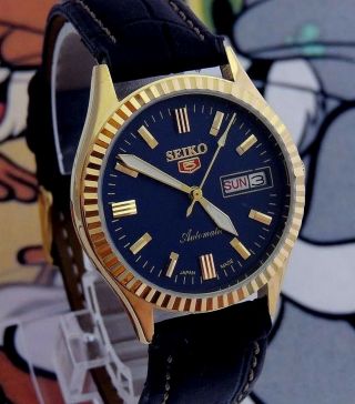 Vintage Seiko 5 Automatic Blue Dial Gold Hands & Case Mens Watch