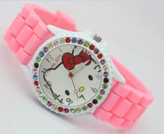 Pretty Rainbow Colour Crystal Hello Kitty Watch Comes Gift Boxed Wristwatch