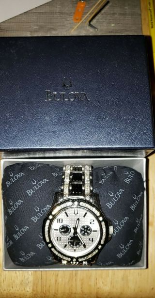 Bulova Day - Date 98c102 Stainless And Black With Crystals Wrist Watch For Men