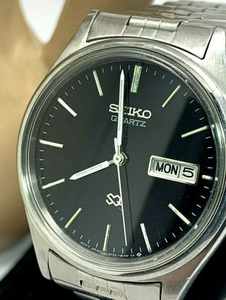 Seiko Sq 5y23 - 8049 Mens Watch Vintage Black Dial Day Date Stainless Steel Quartz