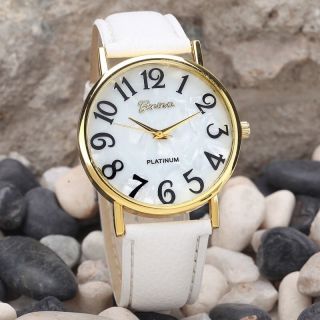 Faux Leather White Strap Easy Read Large Numbers Wrist Watch Gold Plated Gift