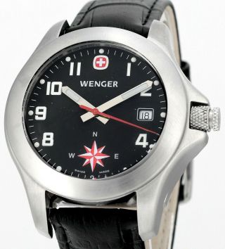 Rare Vintage Wenger Black Swiss Army 7203x Mens Compass Wrist Watch