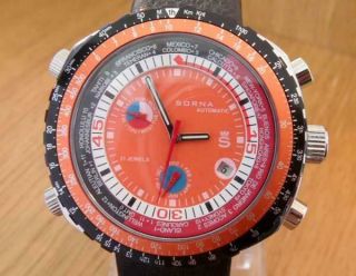 Mens Rare Retro Orange Sorna Gmt World Time Aviation Pilots Automatic Watch