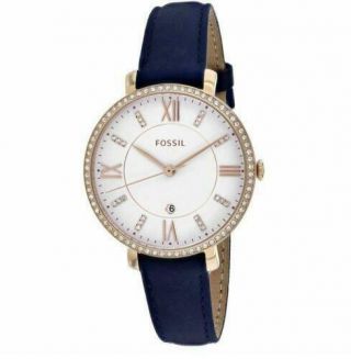 Fossil Es4291 Jacqueline Watch Rose Gold W/crystal Bling & Navy Band Nwt