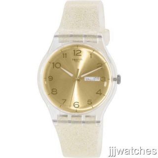 Swiss Swatch Golden Sparkle Silicone Band Day Date Women Watch 43mm Suok704