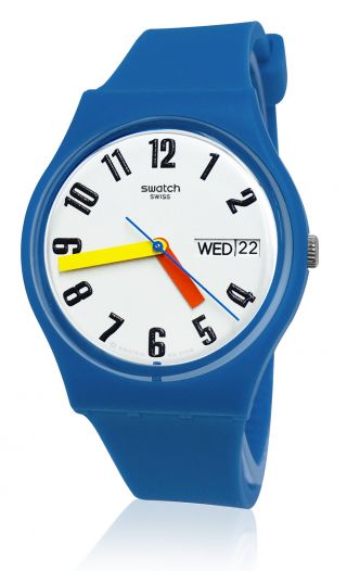 Swatch Gs703 Sobleu White Day Date 3d Printed Dial Blue Silicone Band Watch
