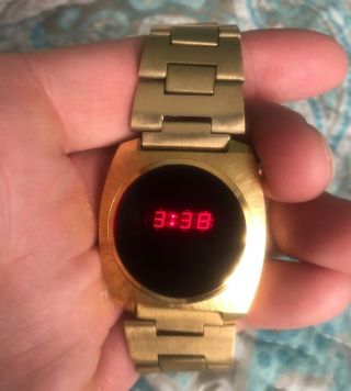 Vintage Red Led Gold Tone Watch Great Time Month Day Made In The Usa