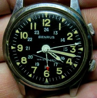 Rare Vintage Benrus Black Dial Military Mechanical Wind Alarm Watch 3021 Series