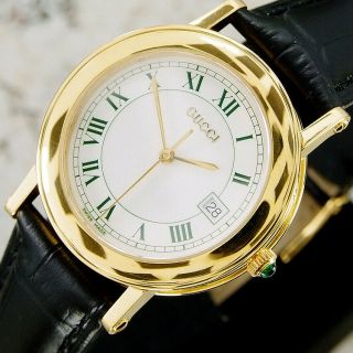 Authentic Gucci 7200m Date White Dial Gold Plated Quartz Mens Wrist Watch