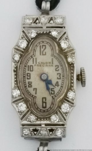 Very Art Deco 18k White Gold Diamond Gruen Precision Ladies Wrist Watch